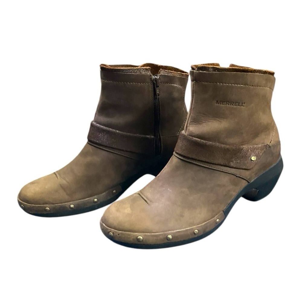 MERRELL LUXE MID BITTER CHOCOLATE LEATHER LADIES SHORT BOOTS SIZE 9.5‎
